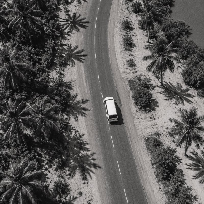 Aerial view of a Kairo van on a palm-lined road in The Gambia